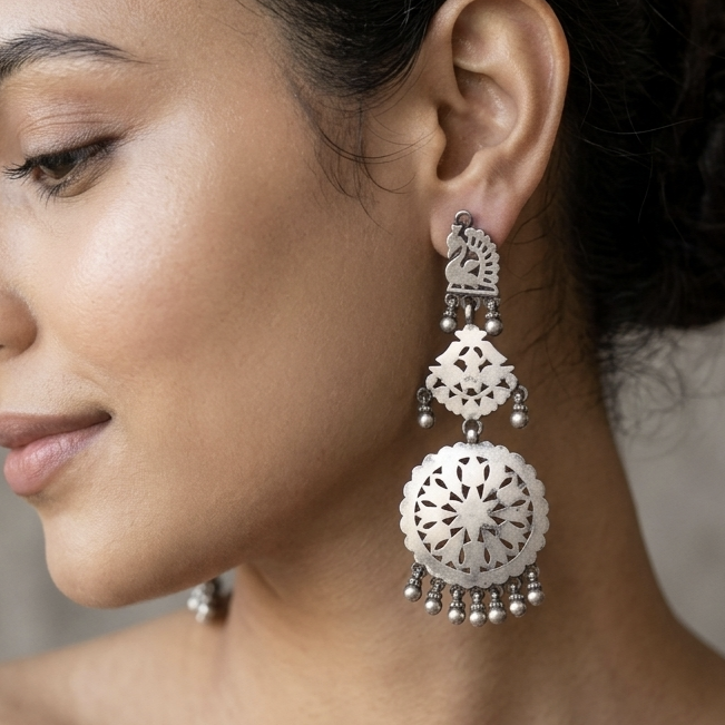 Peacock Jaali Silver Danglers 